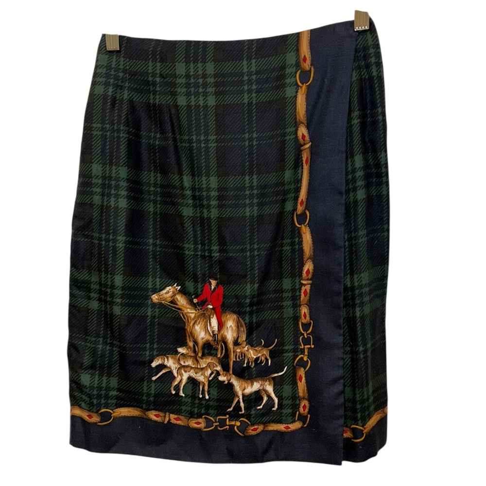 Brooks Brothers Blk Watch Plaid horse beagle hunt scene skirt 4 COLLECTORS ITEM